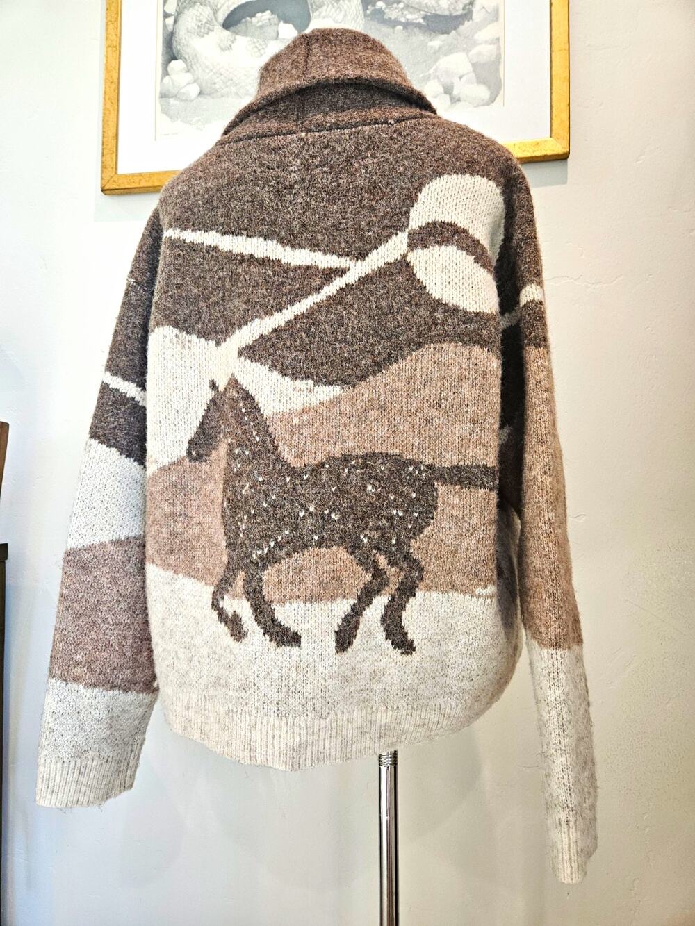 Lucky Brand Western Horse Cactus Shawl Cardigan Sweater Beige Brown Medium M